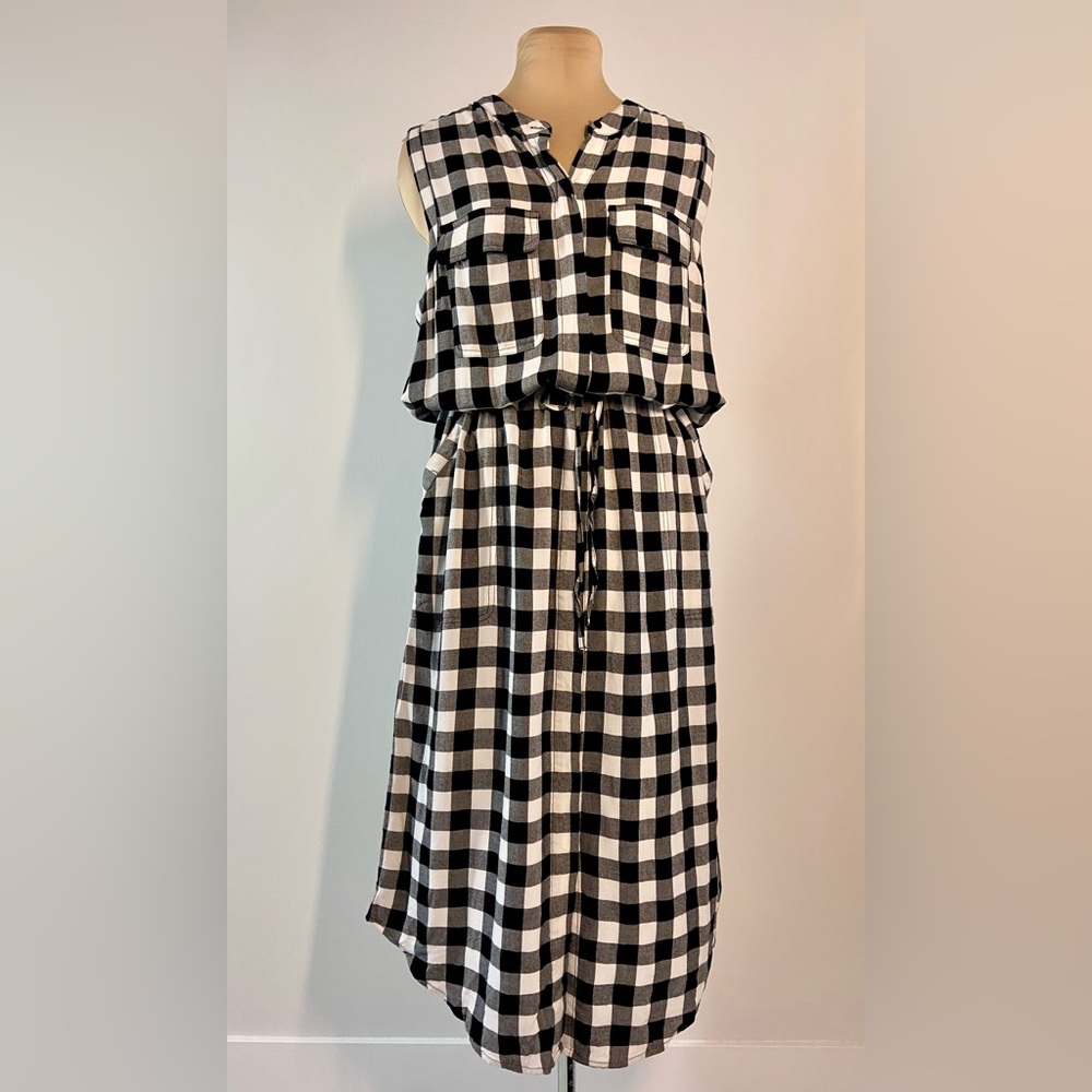 Banana Republic Black & White Gingham Dress – Drawstring Waist, Pockets | Sz 14
